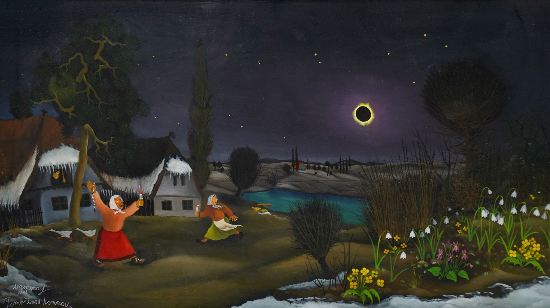 Ivan Večenaj (Yvan Vecanaj) (Croatian 1920-2013): 'Eclipse of the Sun', glass painting signed titled and dated 1961, 44cm x 79cm