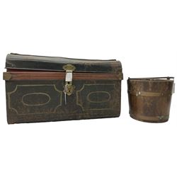 Victorian tin travelling trunk, hinged dome top (W70cm D48cm H44cm); wooden log bucket with metal liner (D33cm) 