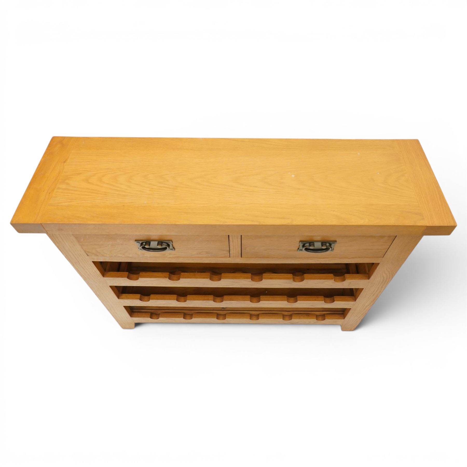 Contemporary solid oak wine rack console table, rectangular top fitted with two drawers, over a three-tier wine rack for twenty-four bottles, on square canted feet