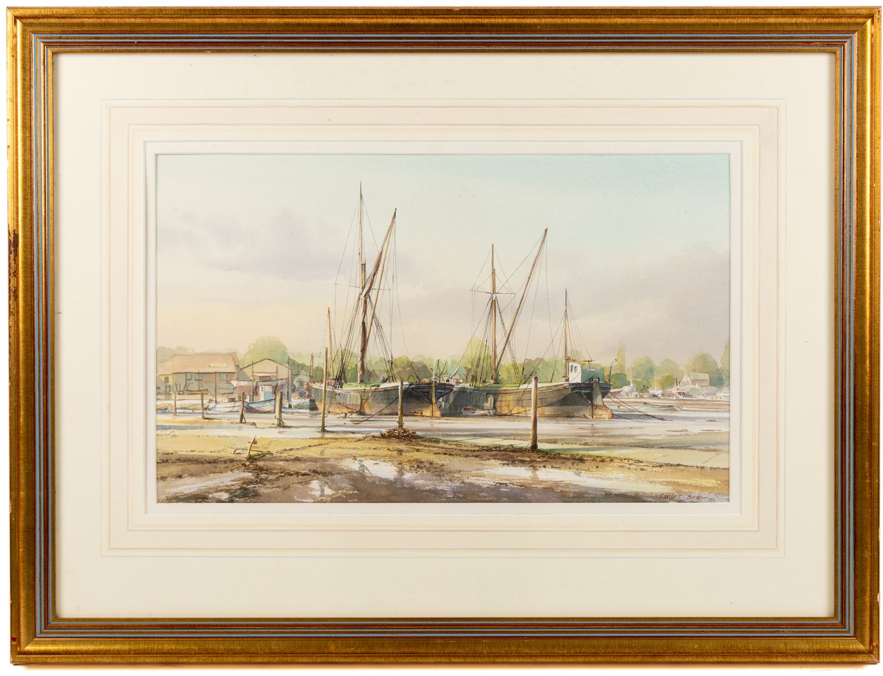 David C Bell (British 1950-): ‘Barges Under Repair – The Hard Pin Mill’, watercolour signed and dated 1990, titled verso 29cm x 48cm