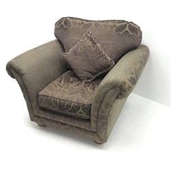 Armchair upholstered in aubergine embossed fabric,  turned supports, W112cm