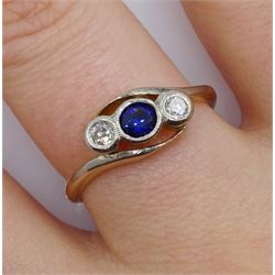 Gold milgrain set synthetic sapphire and diamond three stone ring, stamped 18ct Plat