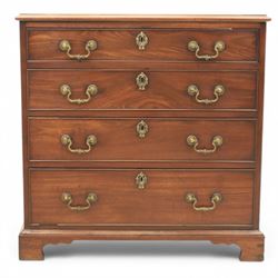 Georgian mahogany dwarf chest of drawers, the moulded rectangular top over four graduated drawers, fitted with brass drop handles, upon shaped bracket feet