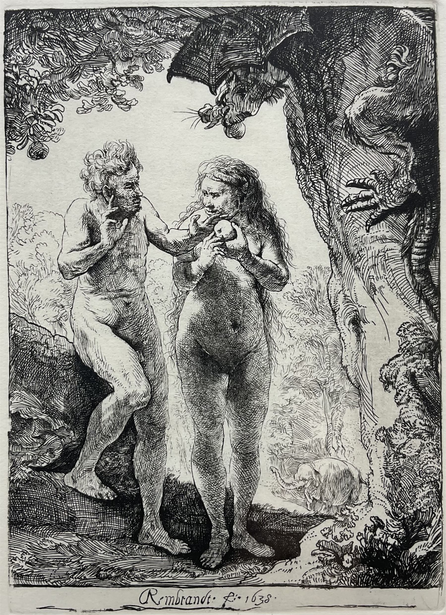 After Rembrandt (Dutch 1606-1669): 'Adam and Eve', 20th century etching 16cm x 12cm 
