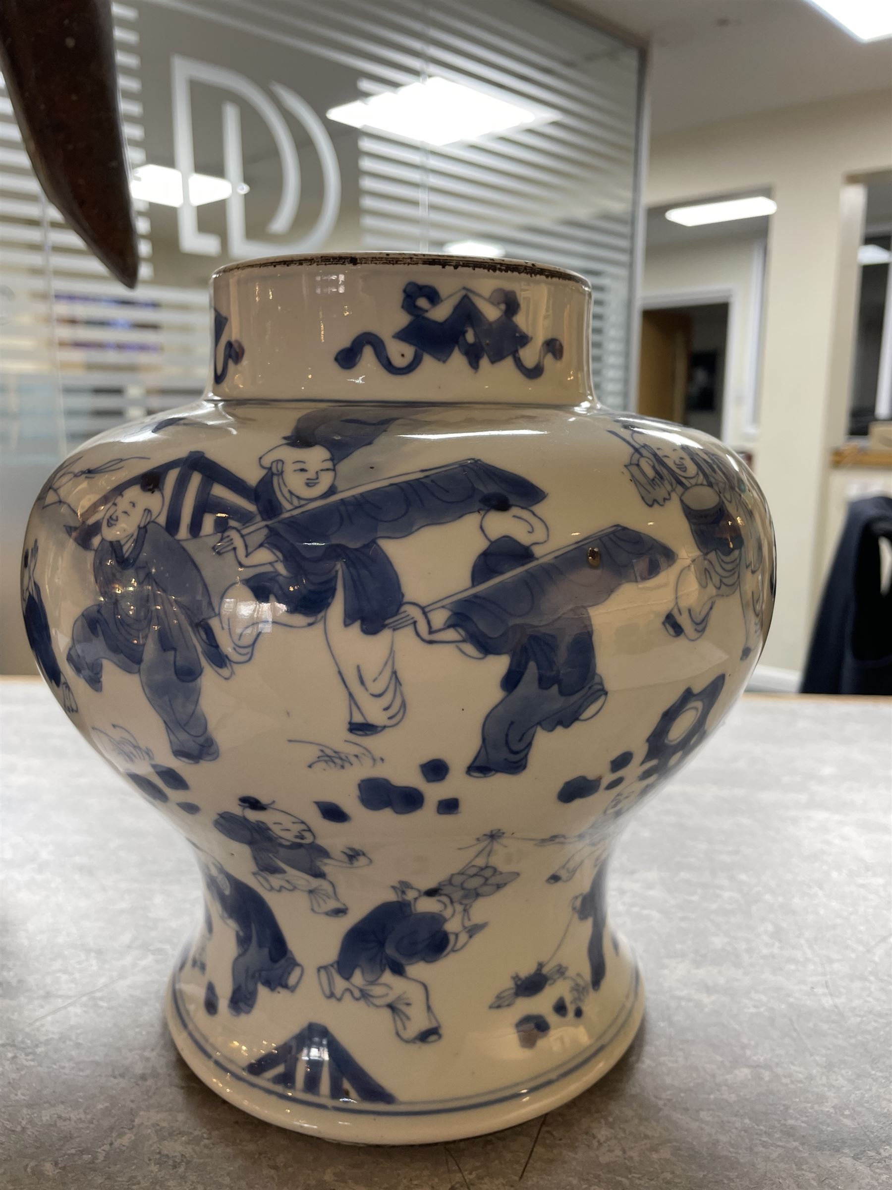 19th century Chinese blue and white jar, of pronounced baluster form, decorated in the Hundred Boys design, with numerous children at play, H23cm

The hundred boys design was a popular theme in Chinese Art employed from the Song period onwards. It expresses the desire to continue the family through male heirs and the performance of filial duties