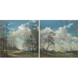 English School (20th century): Blue Skies over a Barren Forrest, pair of chalk and pastel ...