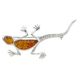 Silver Baltic amber and cubic zirconia lizard brooch, stamped 925 