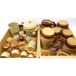  Stoneware storage jars, measures, preserve jars etc all labelled in two boxes   