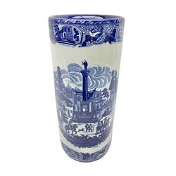 Blue and white umbrella stand, decorated with transfer print decorated with city scape, H43cm