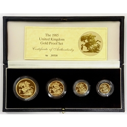 Queen Elizabeth II Royal Mint 'The 1985 United Kingdom Gold Proof Set' five pounds, two pounds, full and half sovereigns, cased with certificate, number 6508