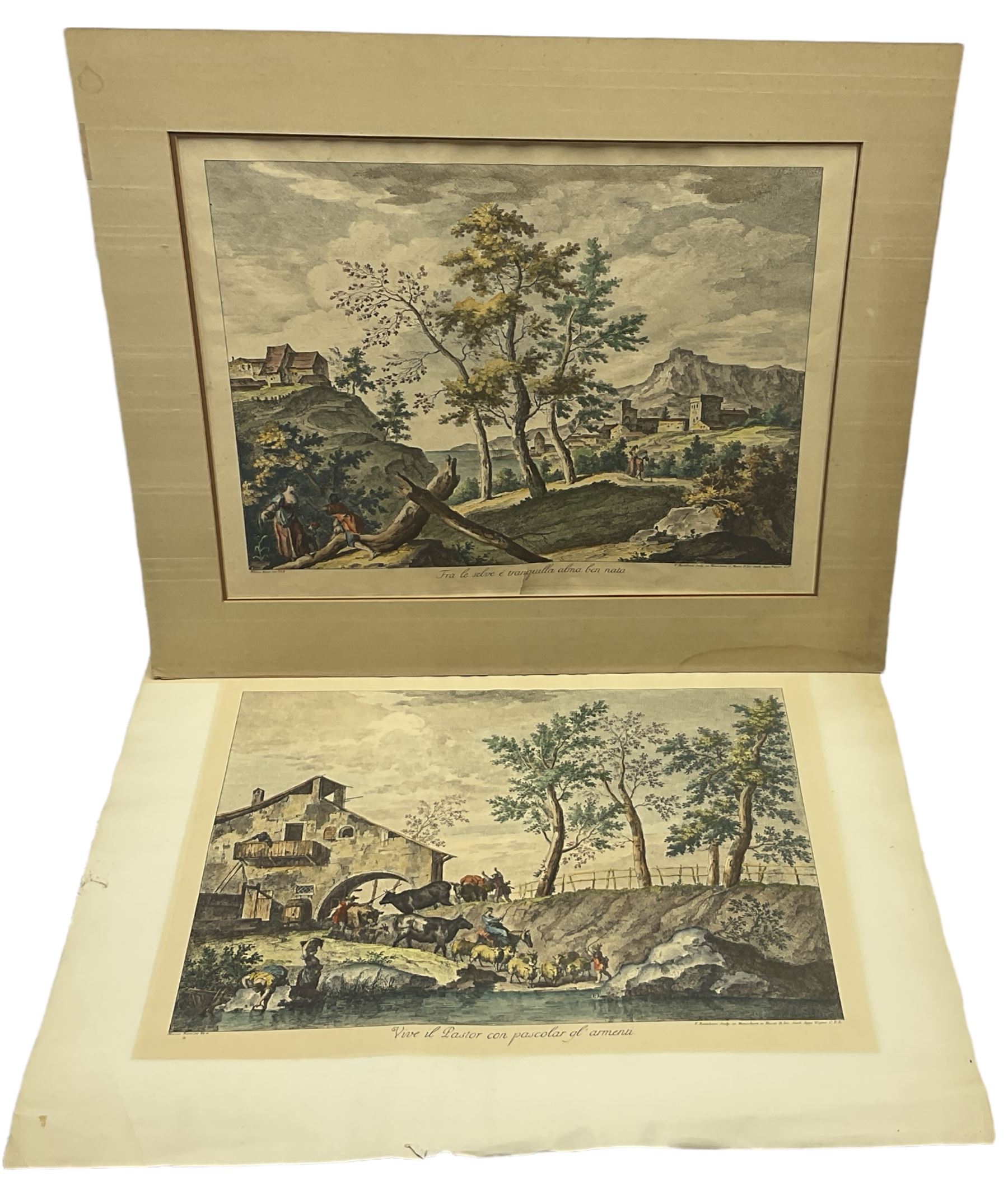 Francesco Bartolozzi (Italian 1728-1815) After Marco Ricci (Italian 1676-1730): 'Vive il Pastor con pascolar gl'armenti' and 'Fra le selve e tranquilla alma ben nata', pair engravings with hand colouring pub. c.1762, 39cm x 52cm (2) (unframed)