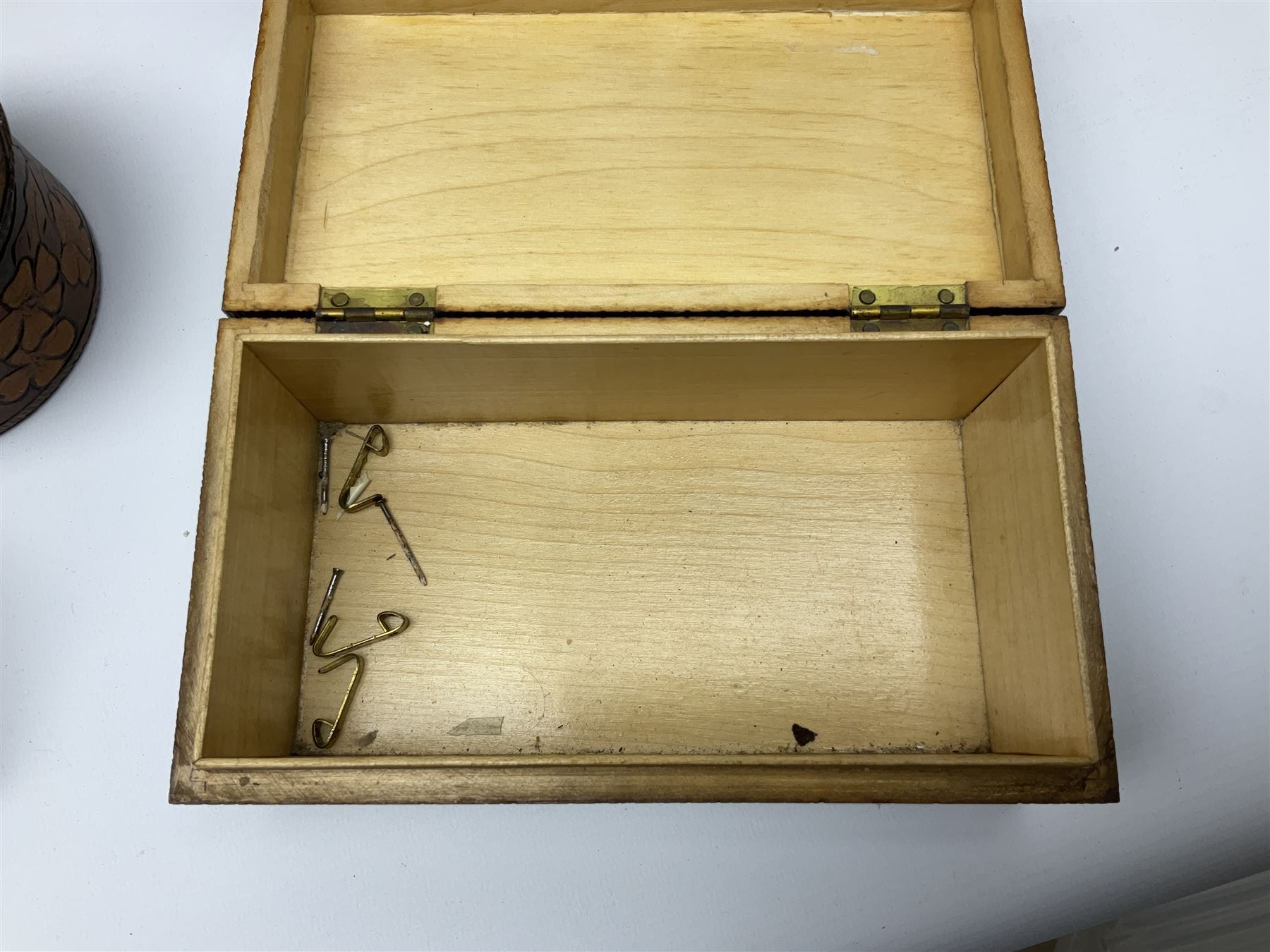 Folk art style dressing table set to include tray, mirror, brush etc, together with pair of wooden tulip vases, large wooden box etc 