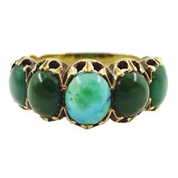19th/early 20th century 15ct gold turquoise and green stone ring, with openwork scroll shoulders