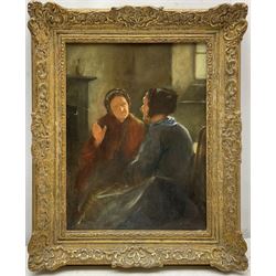 Henry John Dobson (Scottish 1858-1928): Two Elderly Ladies in Conversation, oil on canvas signed with initials 29cm x 22cm