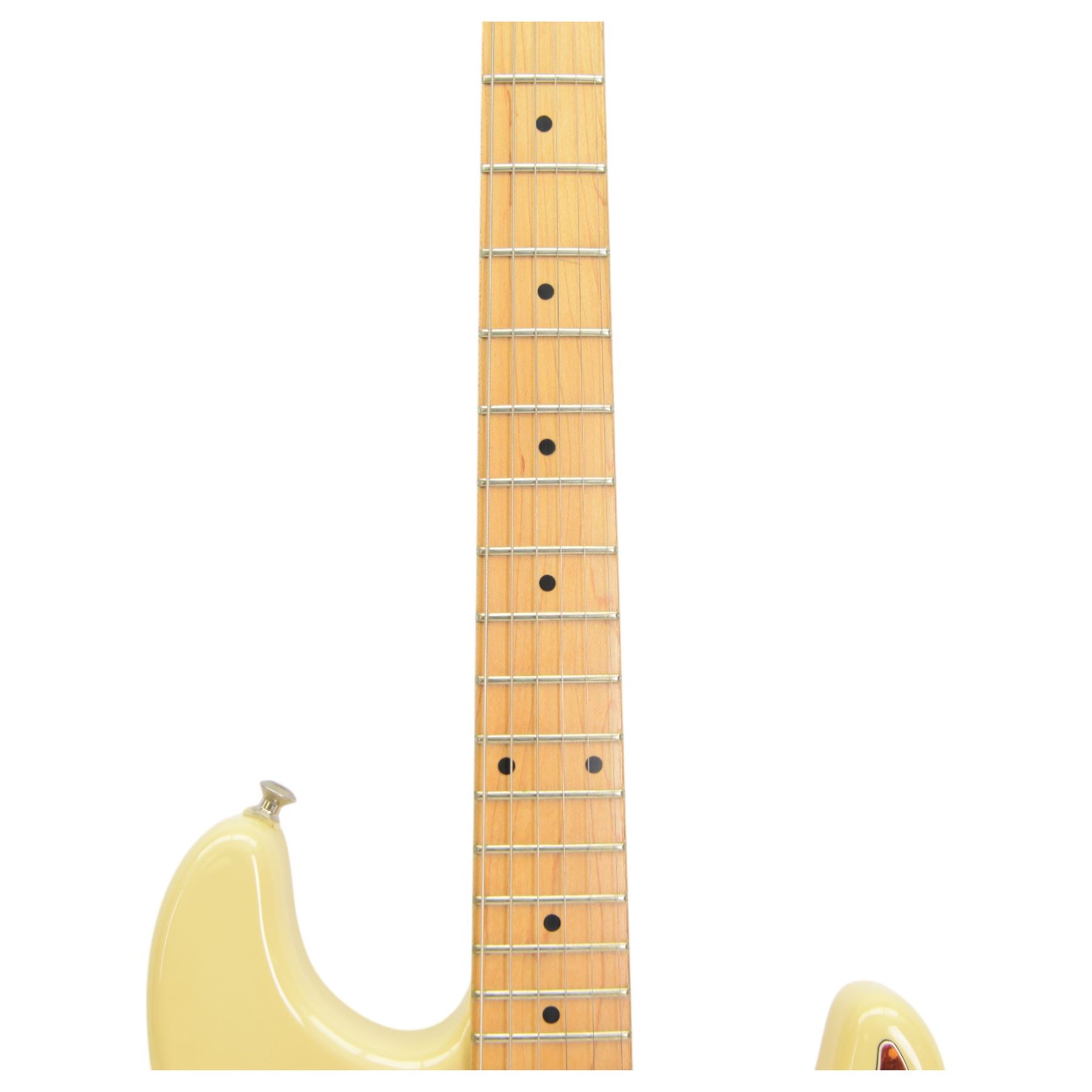 Squier by Fender Pro Tone Series Stratocaster electric guitar, in Olympic White finish, made in Korea serial no. 7034880, contained within a Fender soft case, guitar L98cm