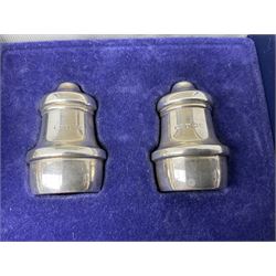 Pair of miniature hallmarked silver cruets, in fitted box, together with a pair of hallmarked silver sugar tongs, approximate total silver weight 38 grams