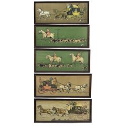 After Cecil Aldin (British 1870-1935): 'The Huntsman', 'The Whip', 'The Glasgow Coach', 'The Liverpool Coach' and 'The Eton Coach', set five chromolithographs 27cm x 70cm (5)