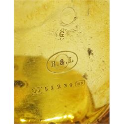 19th century 18ct gold open face key wound cylinder pocket watch by Baume, Geneve, gilt dial with Roman numeral hour markers, back case with engraved foliate decoration, stamped 18K