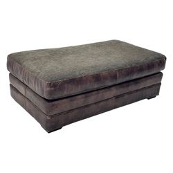 Large Knole design three-seat sofa upholstered in brown leather with scatter cushions upholstered in contrasting striped and Union Jack patterned fabric, on block feet (W210cm, H100cm, D102cm); together with matching rectangular footstool (135cm x 75cm, H45cm)