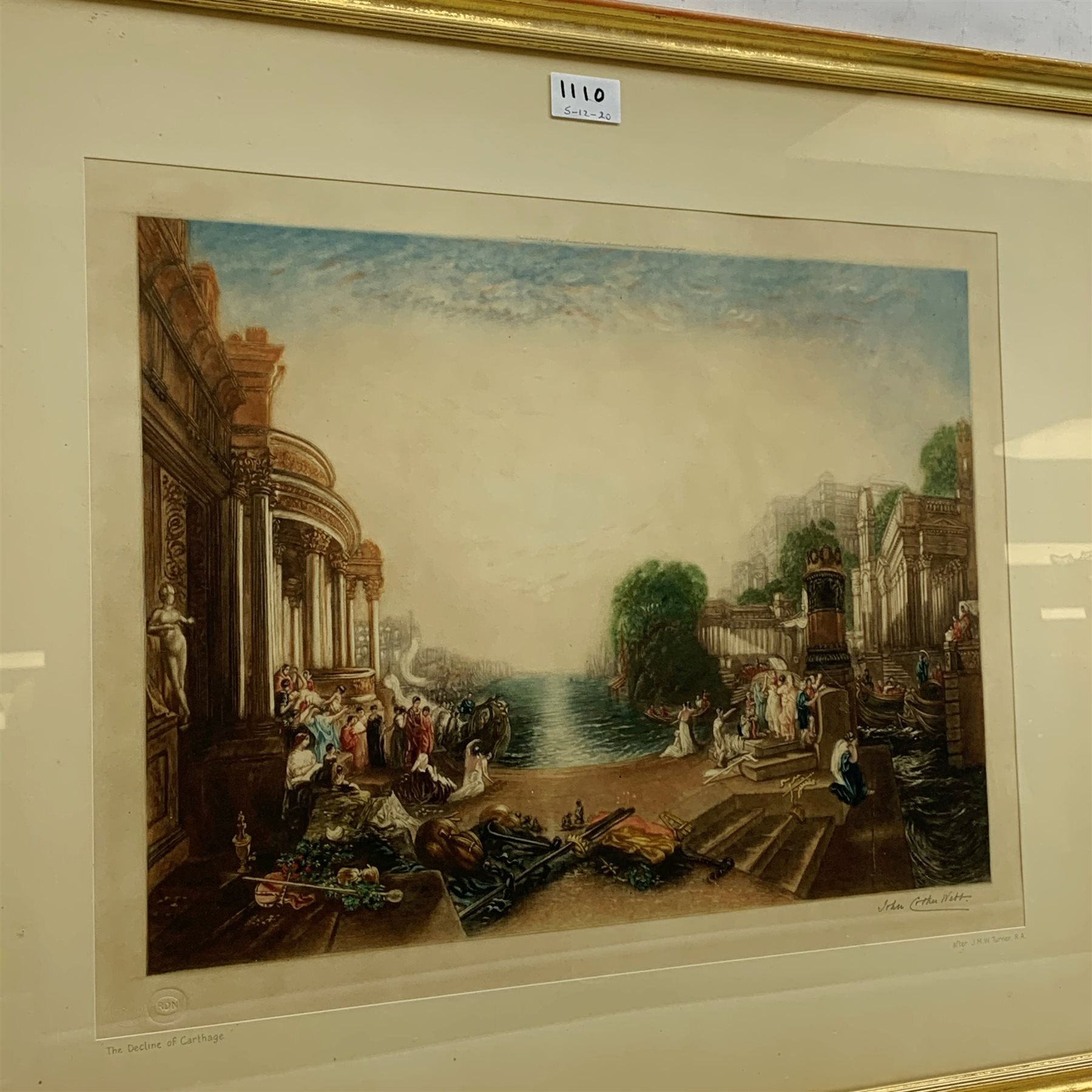  John Cother Webb after J M W Turner and Claude Gelee: 'The Decline of Carthage' and 'The Embarkation of the Queen of Sheba', pair limited edition mezzotints signed in pencil with blind stamps pub. 1922, 37cm x 49cm (2)