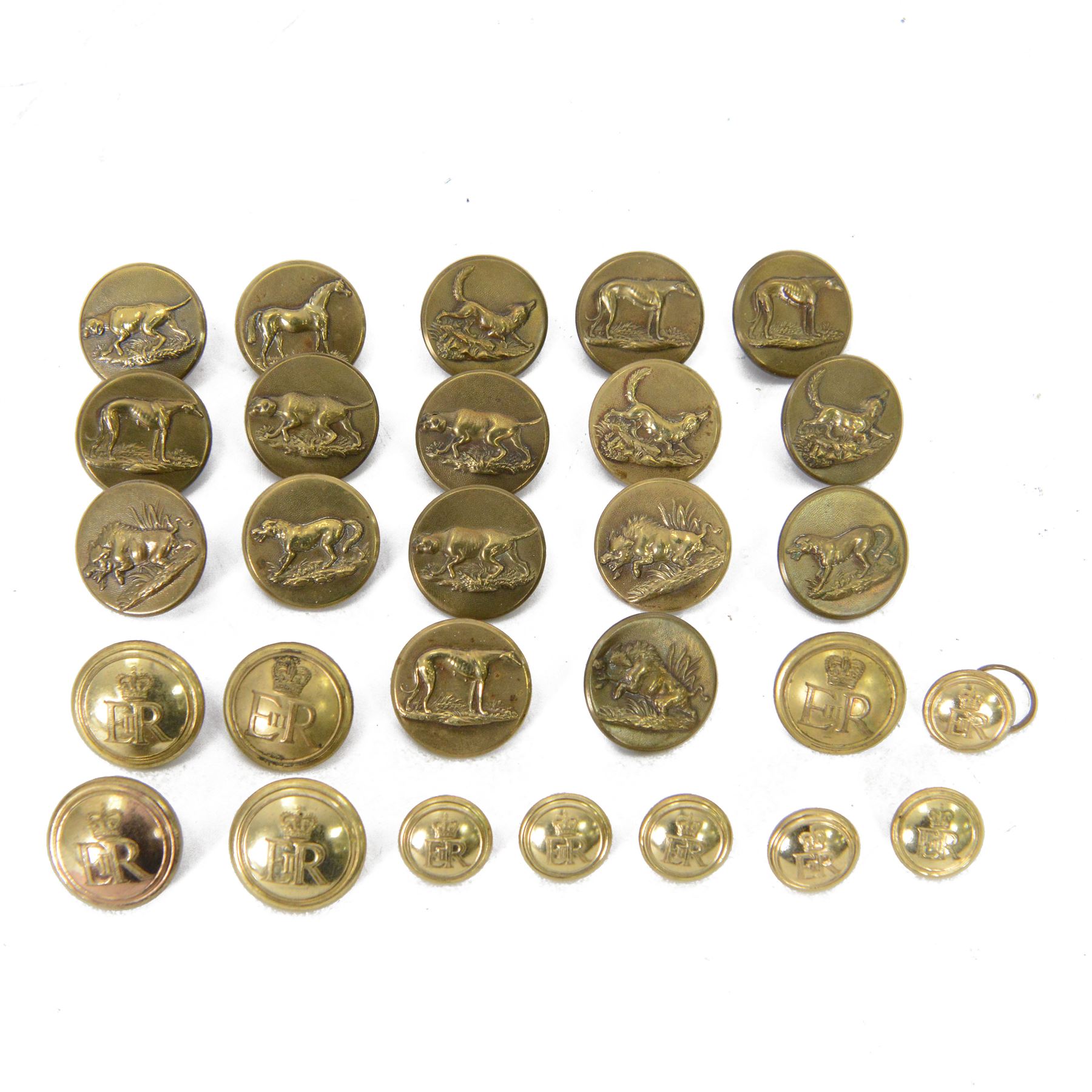 Set of brass animal buttons marked Special Quality, together with a set of Queen Elizabeth II buttons by Pitt & Co