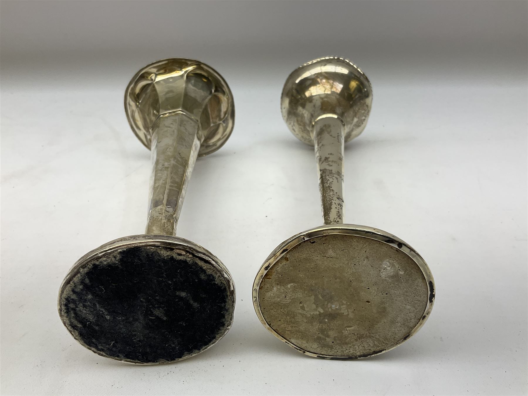 Early 20th century silver mounted specimen vase, of fluted tapering form, hallmarked Sheffield 1915, H18cm, together with a further silver mounted specimen vase, hallmarked for Birmingham, (2)