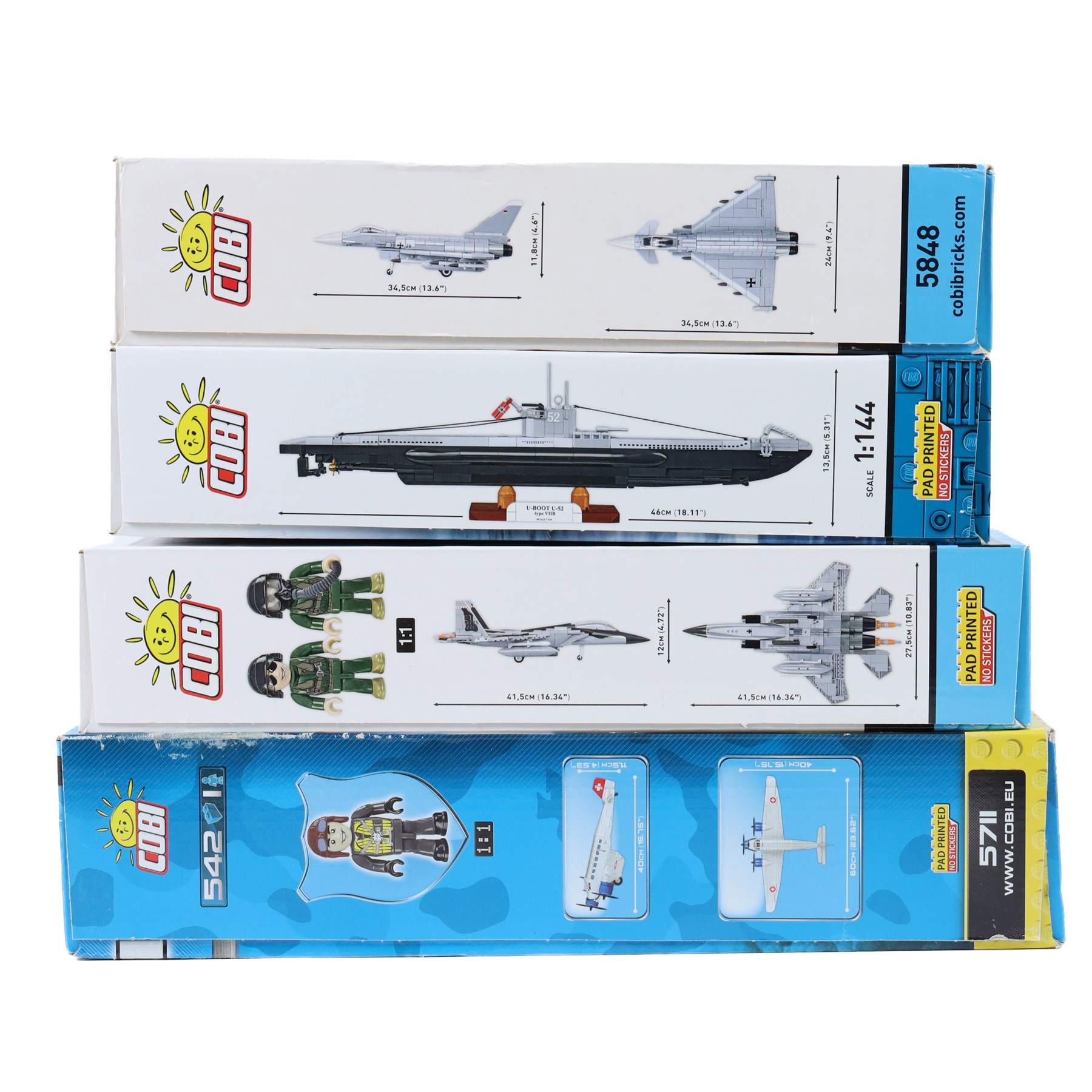 Four Cobi Bricks Armed Forces and Historical Collection model sets, comprising 1:144 scale no. 4852 U-Boot U-52 (Type VIIB), 1:48 scale no. 5900 Boeing F-15EX Eagle II, 1:48 scale no. 5848 Eurofighter and no. 5711 Junkers JU 52/3M, all in sealed boxes