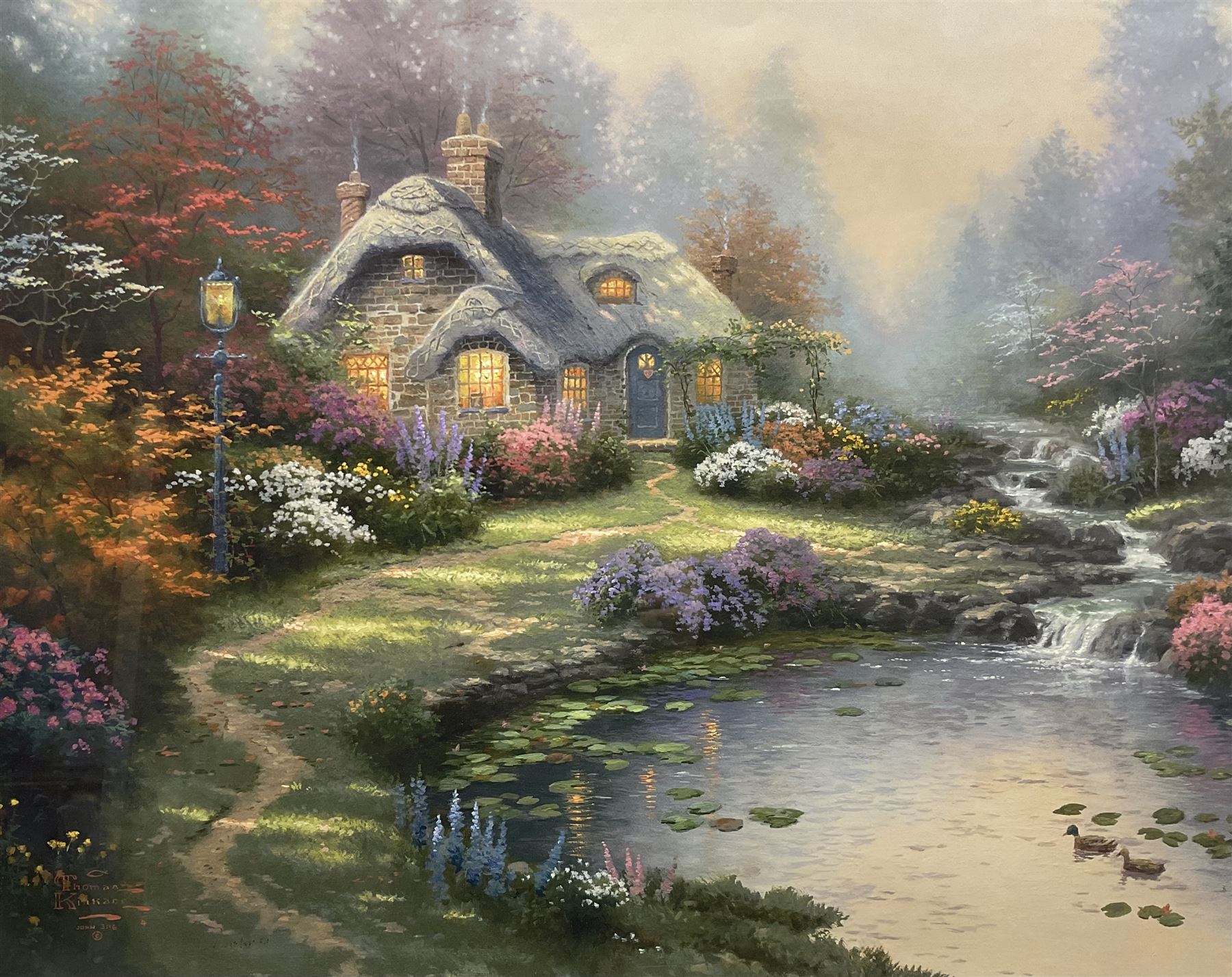 Thomas Kinkade (American 1958-2012): 'Everett's Cottage', offset lithograph, from an edition of 970, with Certificate of Authenticity 60cm x 75cm