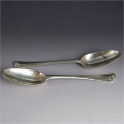 Pair of Queen Anne silver Hanoverian pattern table spoons, with rattail bowls and engraved...