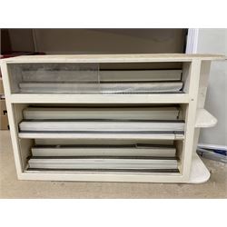 Six shelved cabinets for displaying ‘00’ gauge locomotives comprising plain plywood and white painted examples with track applied to various shelves, largest H63cm, W107cm, D27cm; Collection of tools for building model locomotives to include Weller PU-2D Soldering Pencil and Standard Tip Soldering Iron 20W/230V, Humbrol Modellers Airbrush, Power Supply Units and two wooden chests one of which housing a collection of tools including tweezers, scalping tools, wrenches etc 