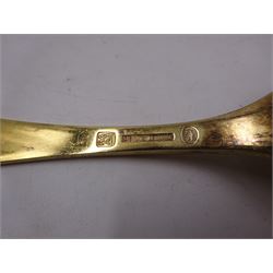 Six Danish silver-gilt year spoons by Georg Jensen, each decorated with different floral motif including Iris, Globe Flower and Waldmeister, dated between 1971 and 1982, each impressed on underside RA AB, Sterling Denmark, and marked for Georg Jensen