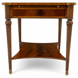 Maitland Smith - Pair of mahogany side tables, the rectangular top with rounded corners, the top edge inlaid with movingui wood, above two under-tier shelves, and frieze drawer, supported on stop-reed and acanthus foliate carved legs united by platform stretcher, raised on brass sabot foot caps