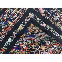 Chinese silk shawl, the central panel colourfully embroidered with figural scenes, farm animals, birds and landscapes upon a black ground, with black tassel edging, not including tassels L172cm, W174cm