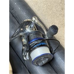 Collection of fishing rods and nets, including Alex Martin Scotia salmon rod, Shakespeare 1650, Allcocks Lucky Strike split cane rod and Chevron Pike 11ft, etc