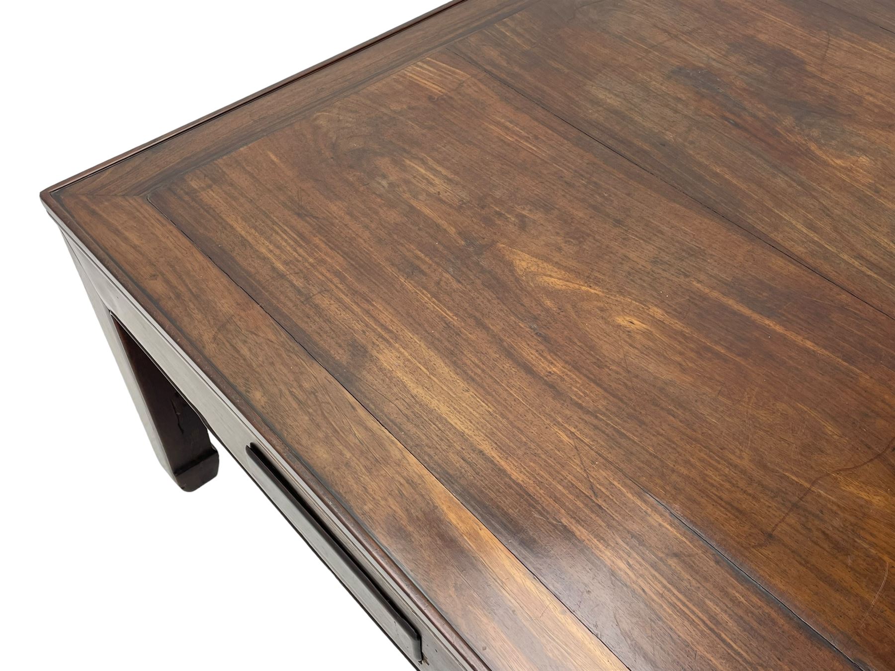 Fine 19th century Chinese Qing dynasty hmong wood mahjong or coffee table, Ming design, square top with raised moulded lip, each side fitted with small drawer, on square supports with hoof feet