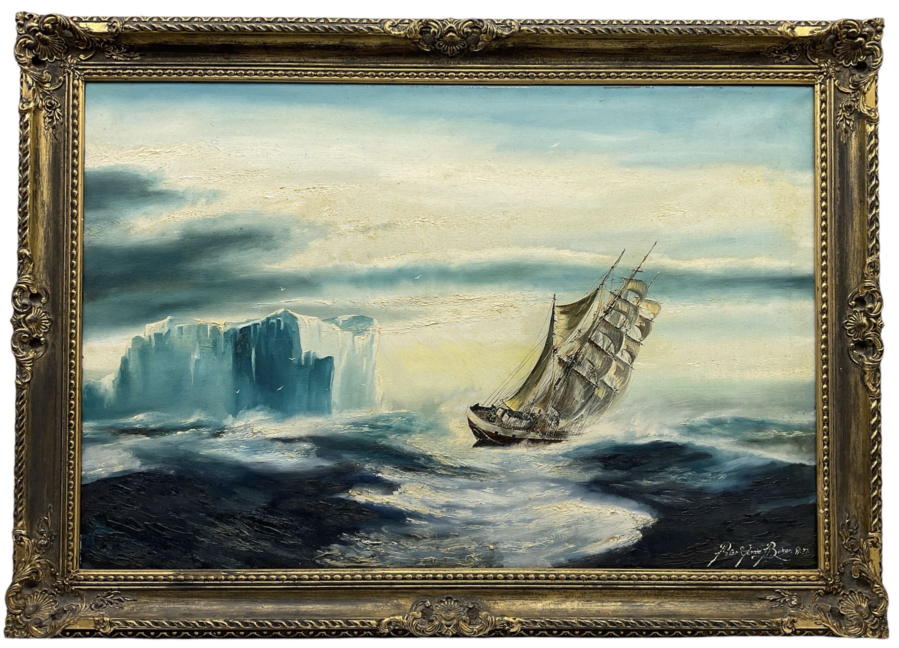 Peter Gerald Baker (British 20th century): 'Dangerous Waters' Ship Nears Iceberg near Cape Horn, oil on canvas signed and dated '77, labelled verso 60cm x 90cm