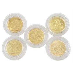 Queen Elizabeth II 'Decades Sovereign Collection', comprising full gold sovereign coins dated 1980, 1990, 2000, 2010 and 2020, cased with certificate