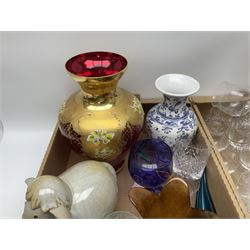 Collection of glassware, to include decanters, cake stands, vases, wine glasses etc, in four boxes 