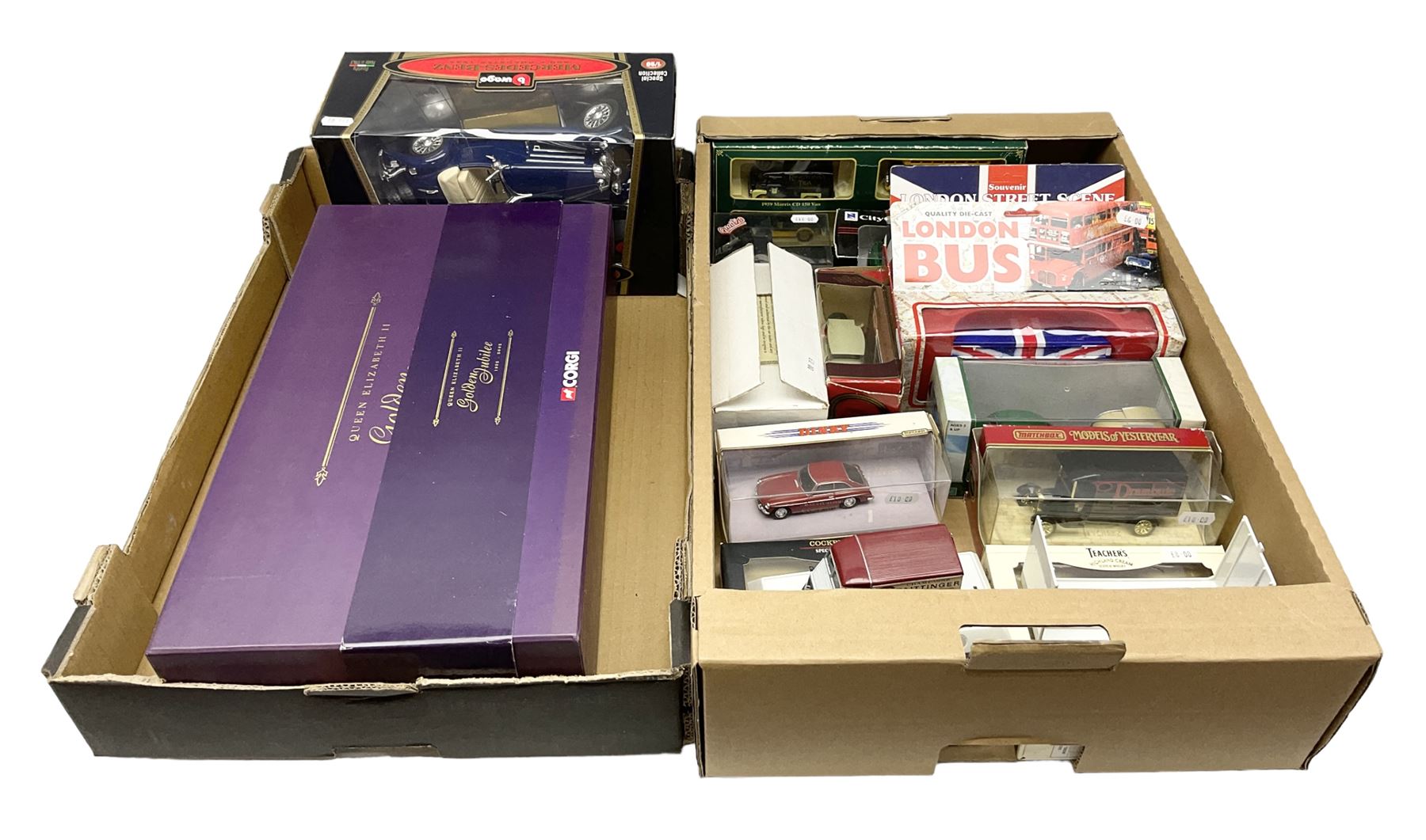 Corgi - Queen Elizabeth Golden Jubilee 1952 - 2002 1:40 scale die-cast model State Landau No. CC09901; boxed; Bburago Mercedes-Benz 500K Roadster 1936; and thirteen other modern die-cast models by Lledo, Matchbox, Cararama, Maisto, Quartzo etc; all boxed (15)