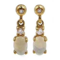 Pair of 9ct gold opal and diamond pendant earrings, hallmarked