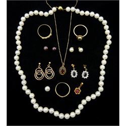 9ct gold jewellery including pair of cubic zirconia earrings, opal ring, garnet pendant necklace, pair of hoop earrings, pearl earrings and necklace