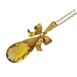 14ct gold citrine  and pearl bow top pendant on 9ct gold chain and a 9ct opal and amethyst necklace, tested or stamped