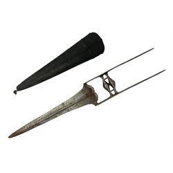 Indian thrusting dagger Katar the 25cm blade with swollen point and central rib, in leather covered wooden sheath L45cm overall