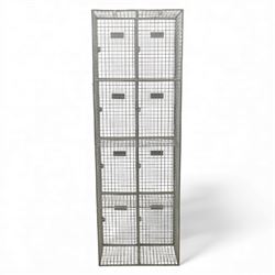 Mid-20th century industrial wire mesh locker, comprising eight compartments with hinged doors and metal label plates, galvanised finish 