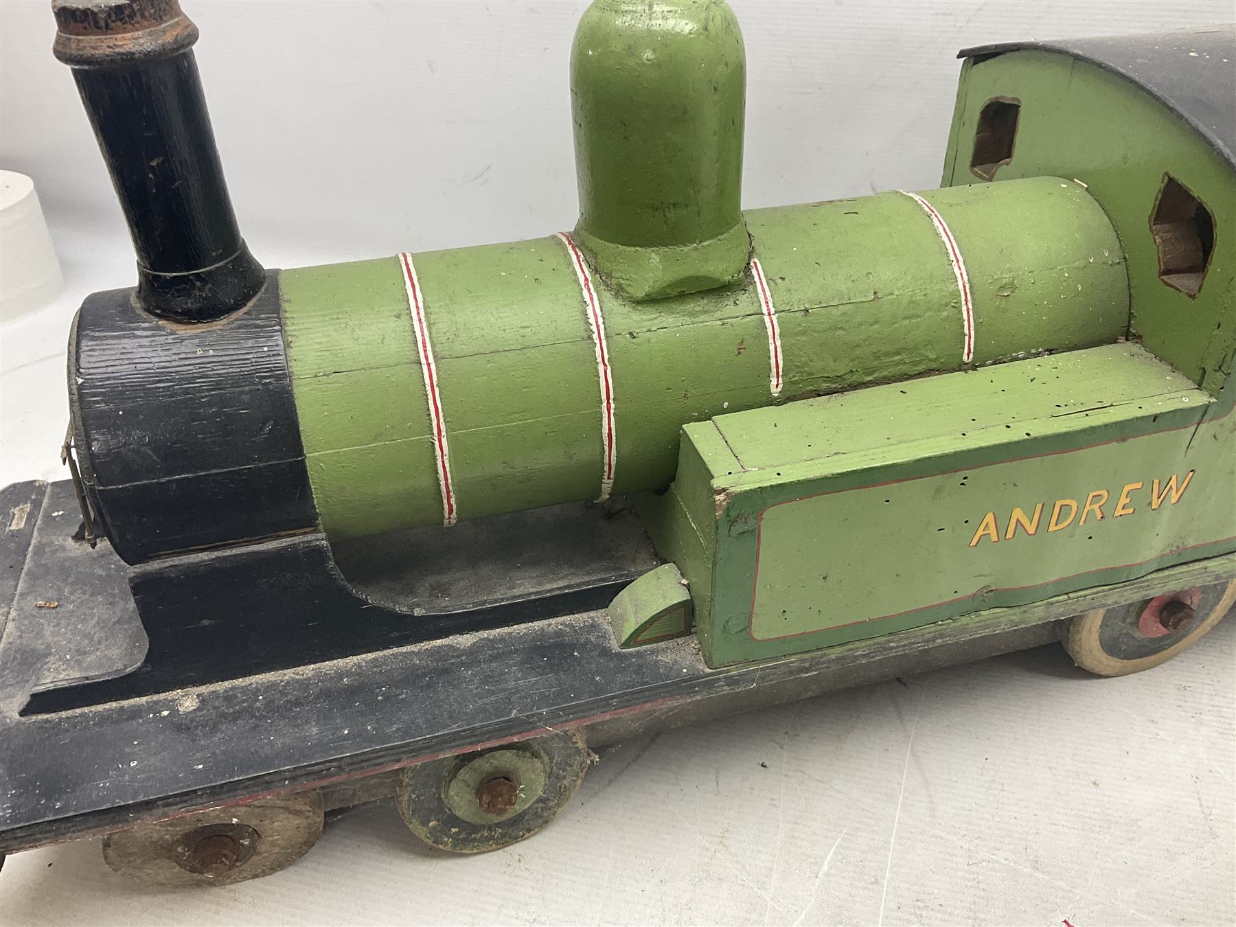 1960s scratch-built green, black and red painted wooden model of a 4-6-0 tank locomotive 'Andrew' No.7365 L88cm; and an unused wall mounting die-cast model display cabinet with glass door and shelves 52 x 40cm (2)