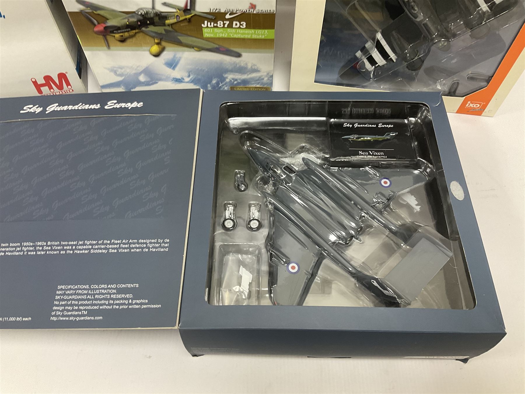 Nine 1:72 scale model aeroplanes comprising four ‘Sky Guardians’, F-16 Fighter Falcon, Sea Vixen FAW.2 899 Sqd XP924, Gloster Javelin FAW 9R 64 Sqd RAF XH766, and Sea Vixen F(AW) Mk2 XN694/305/BL No 892 Sqd RNAS Yeovilton; with three Hobby Master models, one Ixomodels model and one 72 Aviation model  (9)