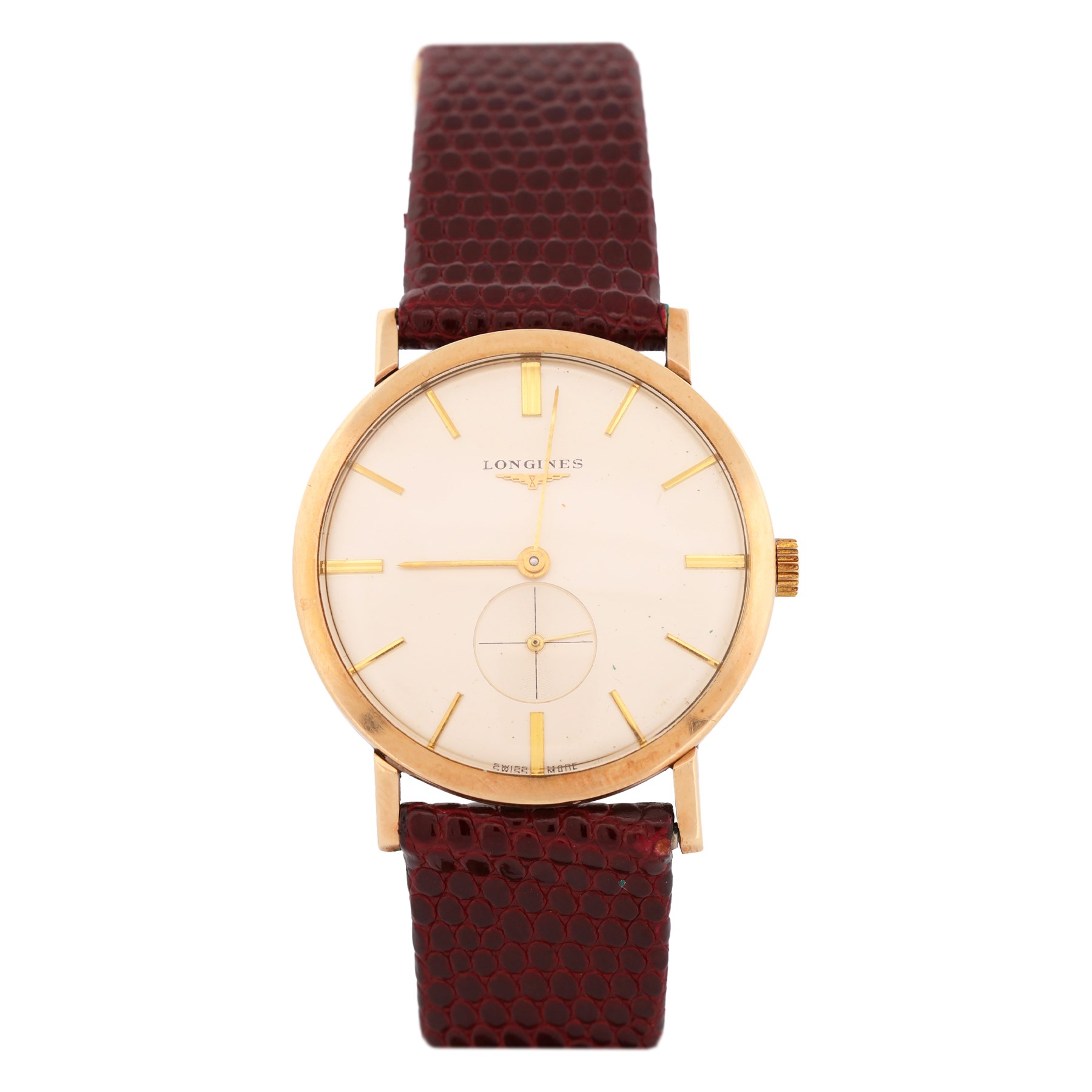 Longines gentleman's 9ct gold manual wind presentation wristwatch, Cal. 19.4, silvered dial with baton hour markers and subsidiary seconds dial, London 1960, on burgundy lizard strap