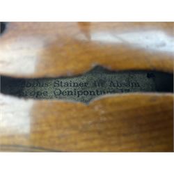 German Saxony violin c1900 with 35.5cm two-piece medium grain maple back and ribs and medium grain spruce top; bears label 'Jacobus Stainer in Absam prope Oenipontum 17xx Made in Germany', 59.5cm overall; with modern bow (2)