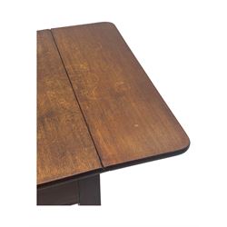 Georgian design mahogany drop-leaf table, rectangular top above a single drawer with brass handle, square supports united by arched undertier, on brass castors (W62cm, D65cm, H72cm); and a smaller mahogany drop-leaf table with single drawer on turned supports (W43cm, D61cm, H72cm)