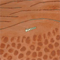 Newlyn Arts and Crafts copper square section vase with flowers and strapwork decoration H21cm and a Newlyn beaten copper circular tray with raised rim and centre panel of a yacht D28cm, both stamped 'Newlyn' (2)